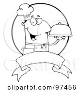 Poster, Art Print Of Outlined Friendly Male Chef Holding A Platter Over A Blank Banner And Circle