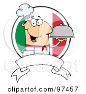 Poster, Art Print Of Friendly Male Chef Holding A Platter Over A Blank Banner And Round Italian Flag