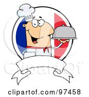 Poster, Art Print Of Friendly Male Chef Holding A Platter Over A Blank Banner And Round French Flag
