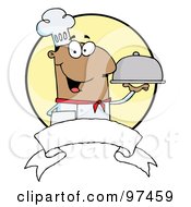 Poster, Art Print Of Friendly Male Chef Holding A Platter Over A Blank Banner And Yellow Circle