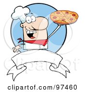 Royalty Free RF Clipart Illustration Of A Male Pizzeria Chef Holding A Pizza Up Above A Blank Banner And Blue Circle by Hit Toon