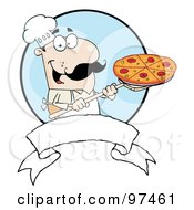 Male Pizzeria Chef Holding A Pizza On A Scooper Above A Blank Banner And Blue Circle