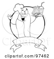 Royalty Free RF Clipart Illustration Of An Outlined Hot Dog Chef Serving Fast Food Over A Blank Banner And Circle