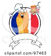 Royalty Free RF Clipart Illustration Of A Hot Dog Chef Serving Fast Food Over A Blank Banner And French Flag
