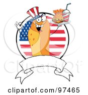 Poster, Art Print Of Hot Dog Chef Serving Fast Food Over A Blank Banner And American Flag