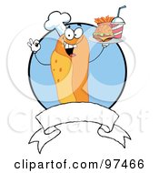 Hot Dog Chef Serving Fast Food Over A Blank Banner And Blue Circle