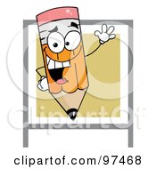Poster, Art Print Of Happy Waving Pencil Over A Green Square