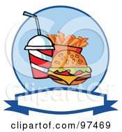 Royalty Free RF Clipart Illustration Of A Fast Food Logo Of Soda Fries And A Burger Over A Blank Label
