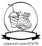 Royalty Free RF Clipart Illustration Of An Outlined Fast Food Logo Of Soda Fries And A Burger Over A Blank Label