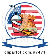 Poster, Art Print Of Fast Food Logo Of Soda Fries And A Burger Over A Blank Label And American Flag