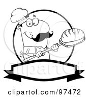 Royalty Free RF Clipart Illustration Of An Outlined Baker Holding Bread Over A Circle And Blank Banner