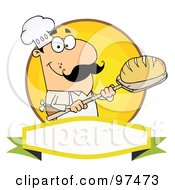Royalty Free RF Clipart Illustration Of A Caucasian Baker Holding Bread Over A Yellow Circle And Blank Banner by Hit Toon #COLLC97473-0037