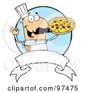 Poster, Art Print Of Male Pizzeria Chef Holding A Pizza Pie With A Blank Banner And Blue Circle