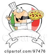 Male Pizzeria Chef Holding A Pizza Pie With A Blank Banner And Italian Flag