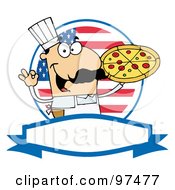 Royalty Free RF Clipart Illustration Of A Male Pizzeria Chef Holding A Pizza Pie With A Usa Flag And Blank Label