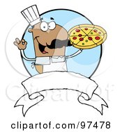 Male Pizzeria Chef Holding A Pizza With A Blank Banner And Blue Circle