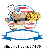 Poster, Art Print Of Male Pizzeria Chef Holding A Pizza Pie With An American Flag And Blank Label