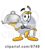 Moon Mascot Cartoon Character Dressed As A Waiter And Holding A Serving Platter