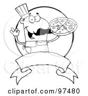 Poster, Art Print Of Outlined Male Pizzeria Chef Holding A Pizza With A Blank Label And Circle