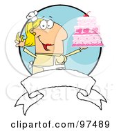Royalty Free RF Clipart Illustration Of A Blond Woman Holding Up A Cake Over A Blank Banner And Blue Circle