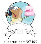 Poster, Art Print Of Hispanic Woman Holding Up A Cake Over A Blank Banner And Blue Circle