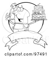 Poster, Art Print Of Outlined Woman Holding Up A Cake Over A Blank Banner And Circle