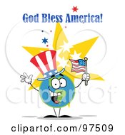 Royalty Free RF Clipart Illustration Of A God Bless America Greeting Of A Patriotic Globe Wearing A Hat And Waving An American Flag