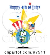 Poster, Art Print Of Happy 4th Of July Greeting Of A Patriotic Globe Wearing A Hat And Waving An American Flag