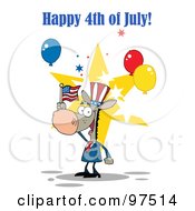 Poster, Art Print Of Happy 4th Of July Greeting Of A Patriotic Donkey Wearing A Hat And Waving An American Flag