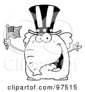 Royalty Free RF Clipart Illustration Of An Outlined Patriotic Elephant Wearing A Hat And Waving An American Flag