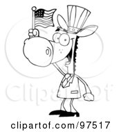 Poster, Art Print Of Outlined Patriotic Donkey Wearing A Hat And Waving An American Flag