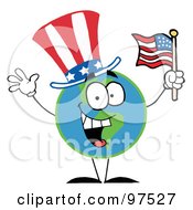 Poster, Art Print Of Patriotic Globe Wearing A Hat And Waving An American Flag