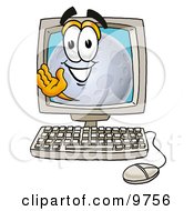 Poster, Art Print Of Moon Mascot Cartoon Character Waving From Inside A Computer Screen