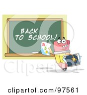 Royalty Free RF Clipart Illustration Of A Pencil Holding A Report Card In Front Of A Back To School Chalkboard