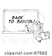 Royalty Free RF Clipart Illustration Of An Outlined Pencil Character Holding A Report Card In Front Of A Back To School Chalkboard
