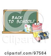Poster, Art Print Of Pencil Character Holding A Report Card In Front Of A Back To School Chalkboard