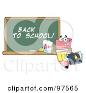 Royalty Free RF Clipart Illustration Of A Pencil Character Holding An A Plus Report Card In Front Of A Back To School Chalkboard