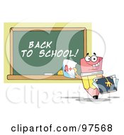 Royalty Free RF Clipart Illustration Of A Pencil Holding An A Plus Report Card In Front Of A Back To School Chalkboard