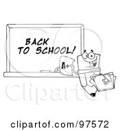 Royalty Free RF Clipart Illustration Of An Outlined Pencil Character Holding An A Plus Report Card In Front Of A Back To School Chalkboard