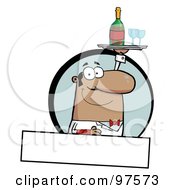 Poster, Art Print Of Pleasant Hispanic Butler Serving Wine Over A Blank Text Box