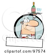 Poster, Art Print Of Pleasant Caucasian Butler Serving Wine Over A Blank Text Box