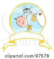 Poster, Art Print Of Dairy Farm Cow Eating A Flower In A Circle Over A Blank White Banner