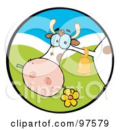 Poster, Art Print Of Farm Cow Munching On A Flower In A Hilly Landscape Circle