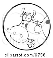 Poster, Art Print Of Black And White Farm Cow Munching On A Flower In A Circle