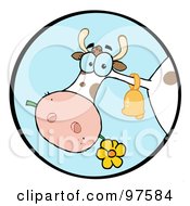 Poster, Art Print Of Farm Cow Munching On A Flower In A Blue Circle