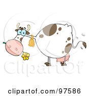 Royalty Free RF Clipart Illustration Of A Spotted Farm Cow Eating A Flower