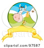 Royalty Free RF Clipart Illustration Of A Dairy Farm Cow Eating A Flower In A Circle Over A Blank Yellow Banner