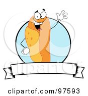 Poster, Art Print Of Waving Hot Dog Over A Blue Circle And Blank Banner Text Box
