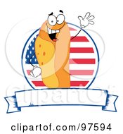 Royalty Free RF Clipart Illustration Of A Waving Hot Dog Over An American Circle And Blank Banner Text Box