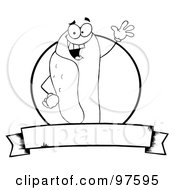 Royalty Free RF Clipart Illustration Of A Waving Black And White Hot Dog Over A Circle And Blank Banner Text Box